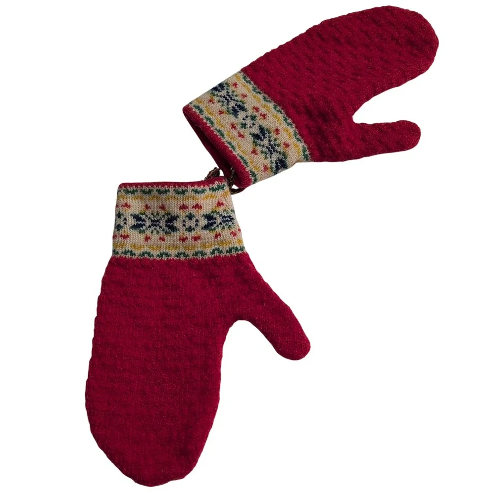 Handmade Red Wool Mittens Fair Isle‎ Patterned Cuff Nordic Winter Gloves Norway
